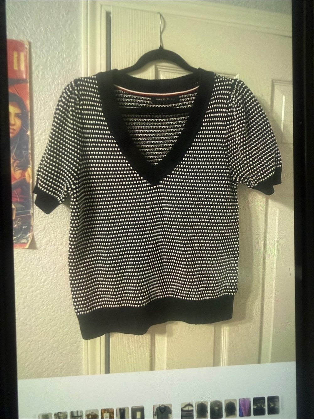 Tommy Hilfiger Black and White V-Neck Short Sleeve Sweater